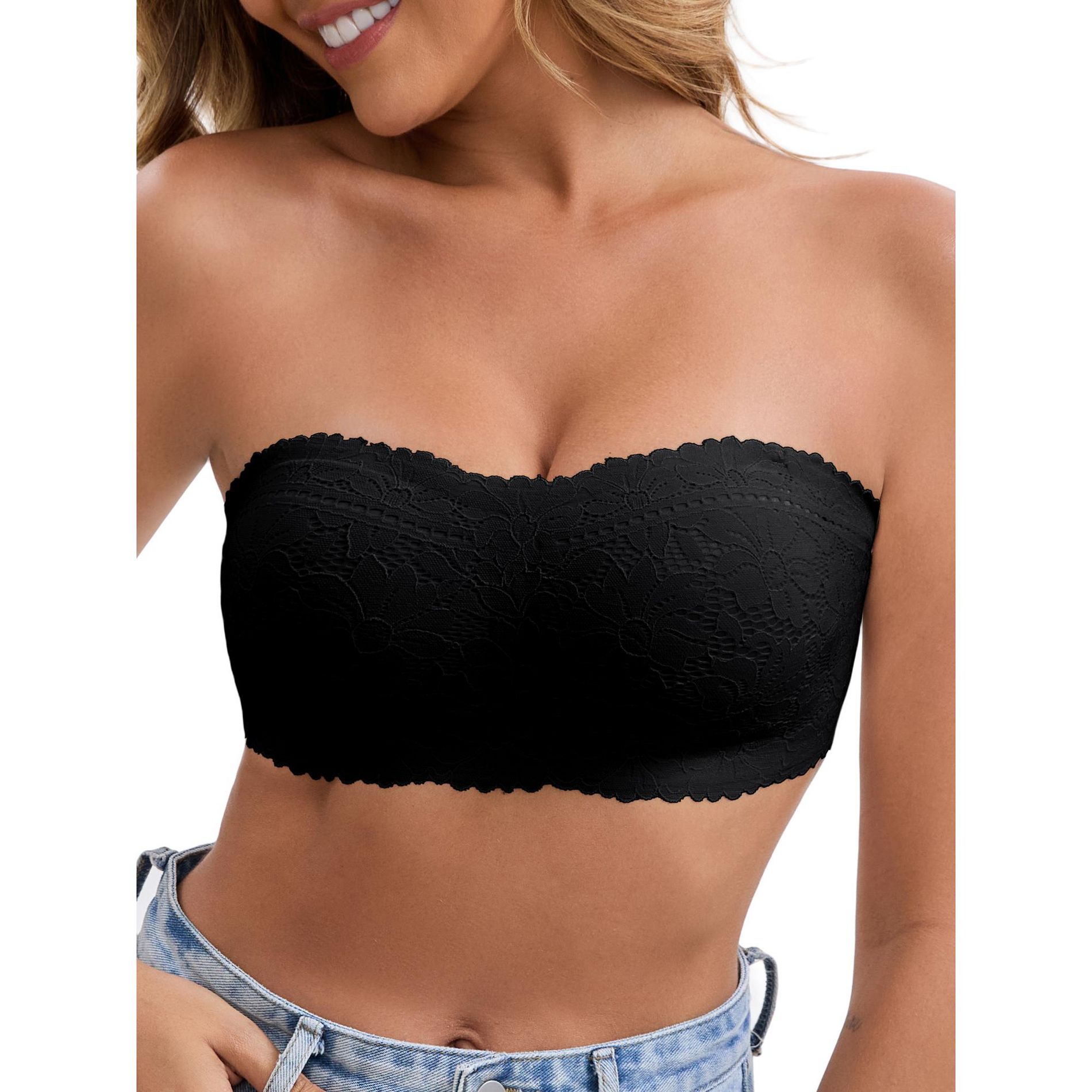 INSPIRE CHIC Women's Floral Lace Strapless Wireless Tube Anti-Slip Push Up Lightweight Soft Padded Bandeau Bras Small Black