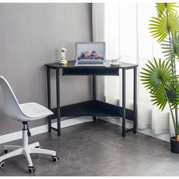 28.34''x24''x30.11''Triangle Computer Desk,Corner Desk With Smooth Keyboard Tray& Storage Shelves,Small Desk With Sturdy Steel Frame-The Pop Home