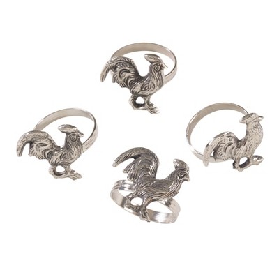 Saro Lifestyle Rooster Design French Country Farmhouse Style Napkin Ring - Set of 4,  Silver