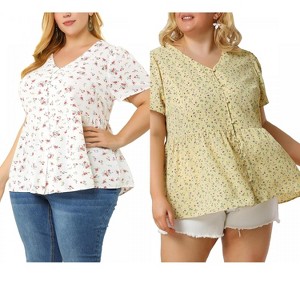 Women's Plus Size 2 Pieces Floral Ruffle Hem V Neck Short Sleeve Cinched Waist Casual Peplum Blouses with Buttons - Agnes Orinda - 1 of 4
