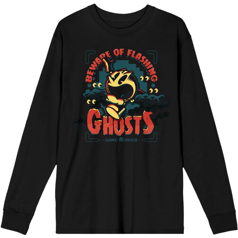 PacMan Beware Of Flashing Ghosts Men's Black Long Sleeve Shirt, 1 of 3