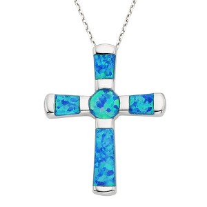 Opalata Sterling Silver Blue Inlay Opal Cross 18" Pendant Necklace - Blue - 1 of 2