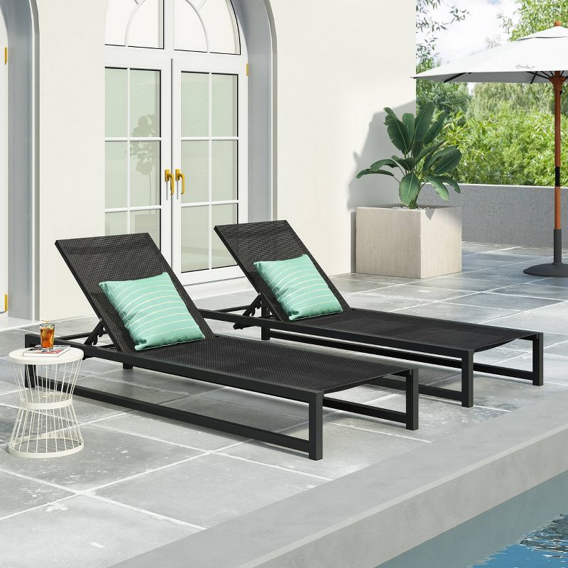 Modesta 2pc Patio Aluminum Chaise Lounge with Mesh Seating - Black - Christopher Knight Home, 1 of 7