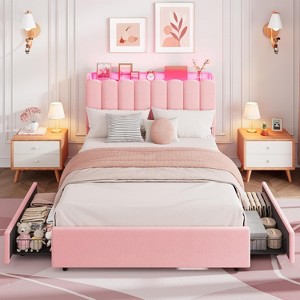 Bed Frame With light,Boucle Upholstered Storage Headboard w/ 2 Drawers & Bookcase, Chic Wavy Platform Bed for Girls&Boys, No Box Spring Needed - 1 of 4