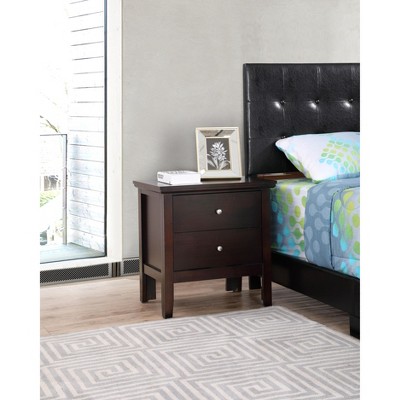 Espresso Solid Wood 2-Drawer Nightstand with Nickel Handles
