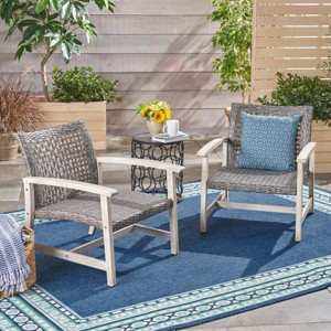 Modern Faux Rattan Club Chair Set of 2, Acacia Wood Indoor Outdoor Patio Lounge, 28" All-Weather Sturdy Seating-3irtyhousy - 1 of 4