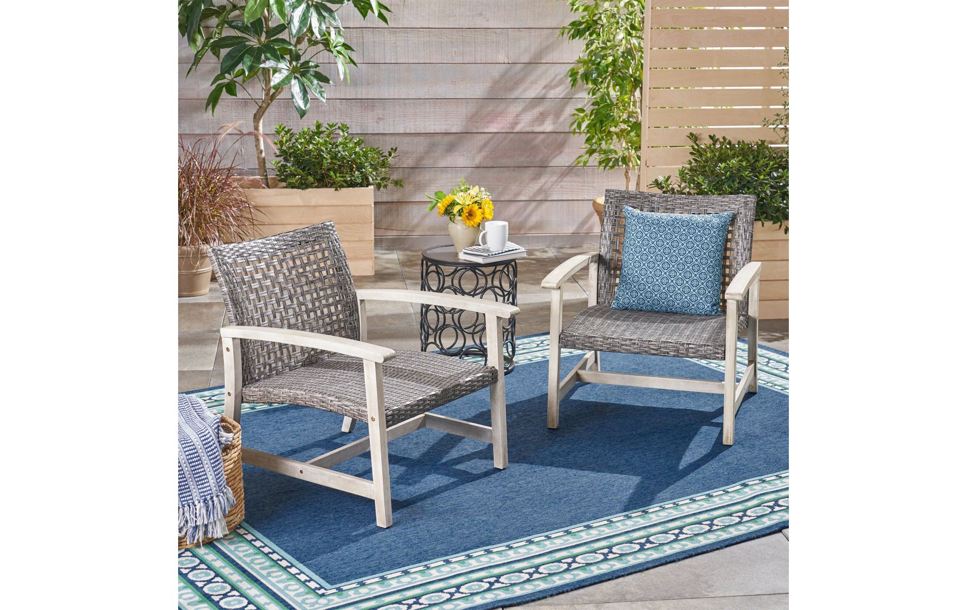 Modern Faux Rattan Club Chair Set of 2, Gray Acacia Wood Indoor Outdoor Patio Lounge, 28" All-Weather Sturdy Seating-3irtyhousy