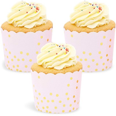 Sparkle and Bash 50 Pack Muffin Liners - Pink and Gold Foil Polka Dots Cupcake Wrappers Paper Baking Cups