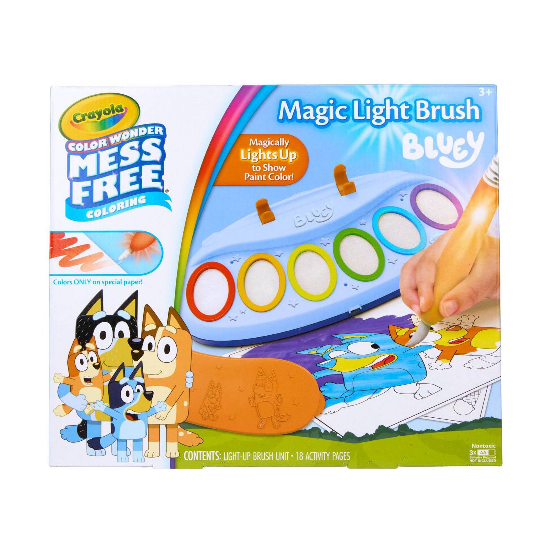 Crayola Color Wonder Magic Light Brush with 6 Mess Free Color and 18 Activity Sheet, Bluey,Age 3+