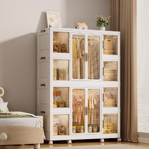 Rolling Wardrobe Storage Organizer, for Clothes, 12 Magnetic Doors -12 Cubes & 2 Hanging Rod, 16 pcs hangers, Baby Wardrobe Storage Cabinet - White - 1 of 4