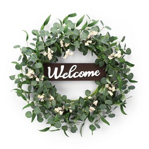 Summer Wreaths for Front Door, 20 inch Green Eucalyptus Wreaths with White Berries and Welcome Sign - 1 of 4
