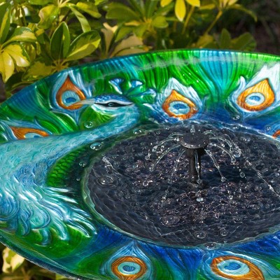 Hand-Painted Peacock Glass Solar Bird Bath with Metal Stand