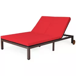 Tangkula 2-Person Patio Rattan Recliner Chair Chaise Lounge Daybed with Wheels & Cushion Red