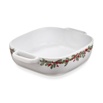 tag 8" x 8" White Stoneware Farmhouse Christmas Collection with Holly Trim Small Square Baking Dish with handles 56oz Dishwasher Safe