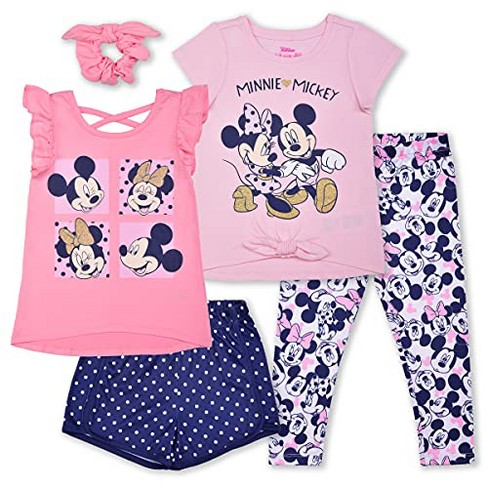 Disney Girl's 4-piece Mickey And Minnie Mouse Graphic Tee Shirts, Polka Dot  Shorts And Legging Set With Bow Hair Scrunchie - Pink/blue, Size 3t : Target