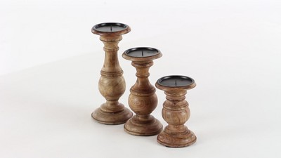 Set of 3 White Distressed Wood Pillar Candle Holders