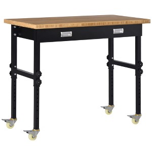 HOMCOM 47" Work Bench with Drawer, Height Adjustable Legs, Bamboo Tabletop Workstation Tool Table on Wheels for Garage, 1320 Lbs, Black/Natural - 1 of 4
