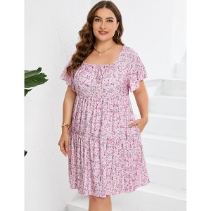 Clearlove Plus Size Dress Women's Plus Size Floral V-Neck Dress Short Sleeve Knee Length A-line Mini Dresses - 1 of 4