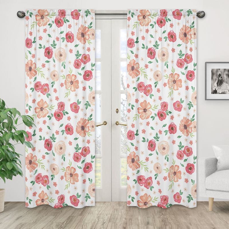 Sweet Jojo Designs Window Curtain Panels 84in. Watercolor Floral Peach and Green, 2 of 6