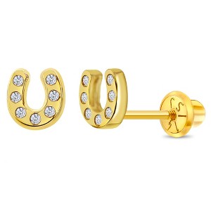 Girls' Clear CZ Horseshoe Screw Back 14k Gold Earrings - In Season Jewelry - 1 of 4