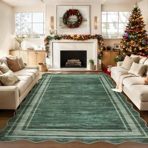 Scalloped Washable Area Rugs for Living Room, Modern Bordered Solid Rug for Bedroom, Scalloped Non-Slip Stain Resistant Carpet - 1 of 4