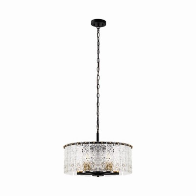 YANSUN 5-Light Black Gold Pendant Light with Cylindrical Seeded Glass Shade, E26 Base, Adjustable Hanging Light for Kitchen