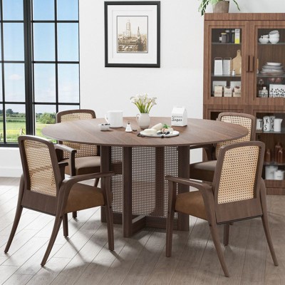 PexFix 60" x 60" Farmhouse Kitchen Dining Room Table Furniture Round Walnut Kitchen Table with Rattan Woven Legs for Kitchen Bar Living Room