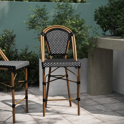 Emma + Oliver 26" Black & White PE Rattan Bistro Counter Stools with Bamboo Metal Frame