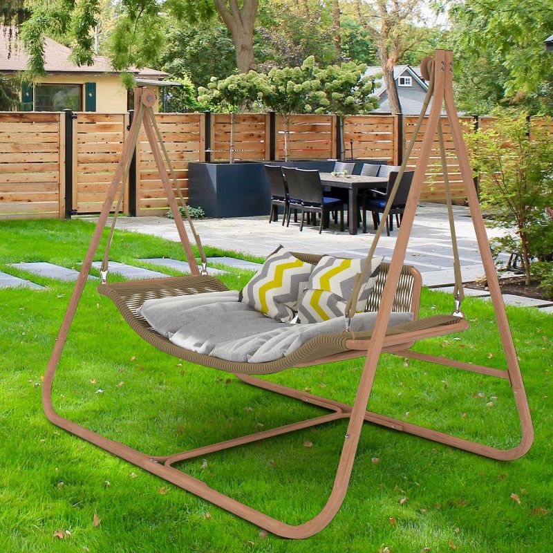 Nellie Anti-Rust Wood-Colored Frame Patio Hammock Stand with Cushion, 570 lbs Capacity, Outdoor Furniture - Maison Boucle, 1 of 7