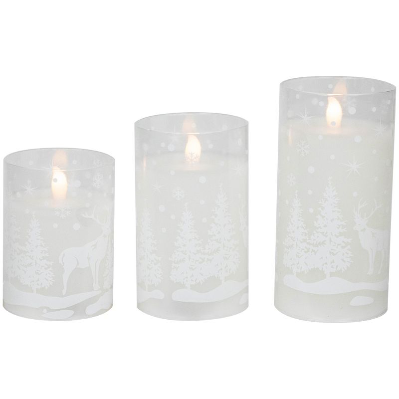Northlight Set of 3 Snowy Woodland Flameless LED Flickering Glass Christmas Pillar Candles 6", 1 of 8