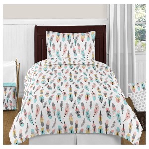 Gray & Coral Feather Comforter Set (Twin) - Sweet Jojo Designs , Blue Pink White