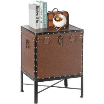 Vintiquewise Faux Leather Trimmed Lockable Square Lined Storage Trunk, End Table on Metal Stand