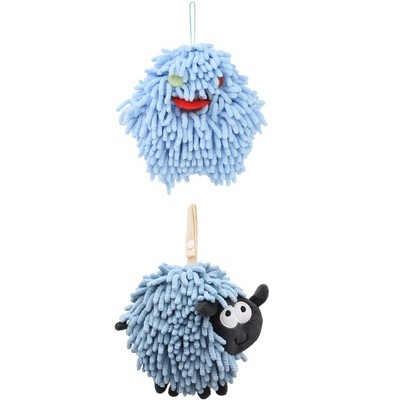 REGALWOVEN 2 Packs Cute Sheep Shape Absorbent Fast Drying Chenille Hand Towels with Hanging Loop 7" x 7"
