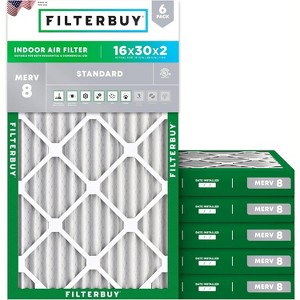 Filterbuy 16x30x2 Air Filter (6-Pack), Pleated MERV 8 Dust Defense Replacement HVAC AC Furnace Filters (Actual Size: 15.69 x 29.69 x 1.75) - 1 of 4