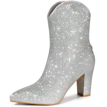 Allegra K Women's Glitter V Shape Pointy Toe Back Zipper Block Heels Mid Calf Boots