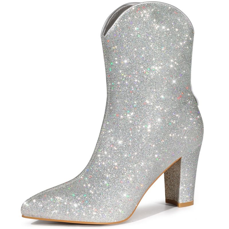 Allegra K Women's Glitter V Shape Pointy Toe Back Zipper Block Heels Mid Calf Boots, 1 of 7