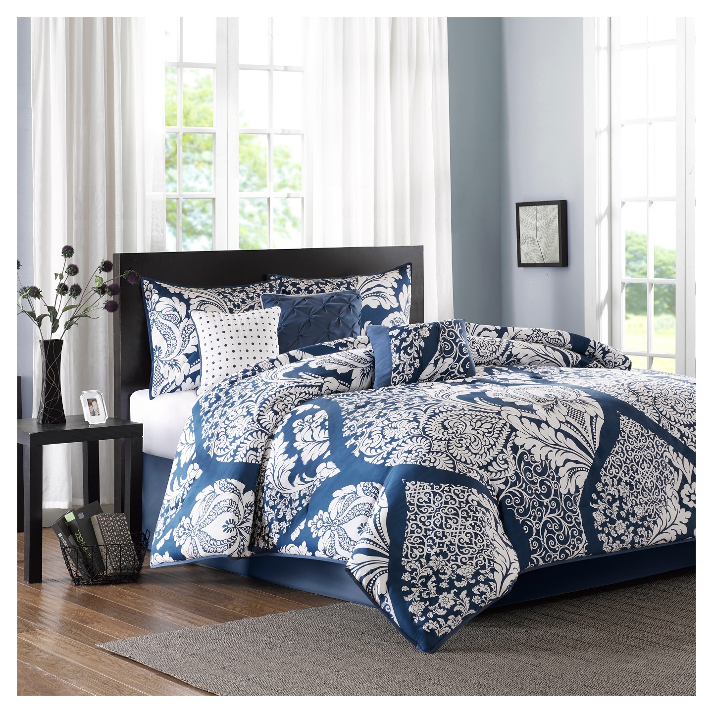 Комплект постельного белья Madison Park 7pc Queen Adela Printed Comforter Bedding Set Slate: Includes Bed Skirt & 3 Decorative Pillows — фото 1
