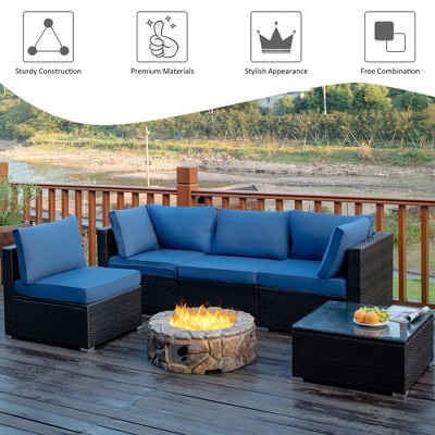 Navy Cushioned 5-Piece Brown Steel Patio Seating Set