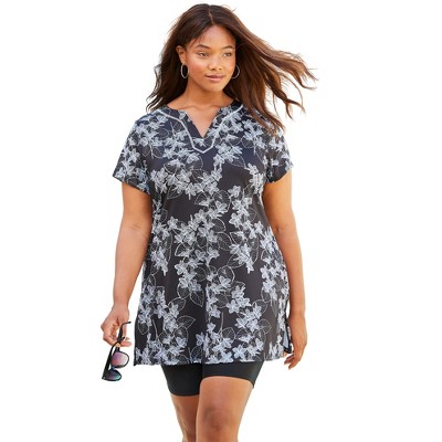 Swim 365 Women's Plus Size Longer Length Short-Sleeve Swim Tunic