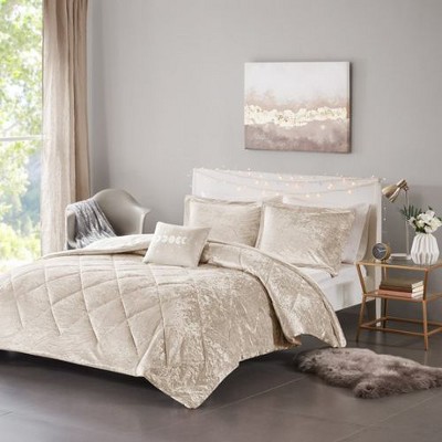 Sapphtopaz 3-Piece Blush Crushed Velvet Comforter Set, Diamond Quilted Twin/Twin XL Quilt Set with Shams & Decorative Pillow -Champagne