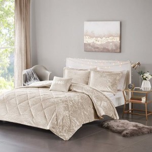 Sapphtopaz 4-Piece Blush Crushed Velvet Comforter Set, Diamond Quilted King/Cal King Quilt Set with 2 Shams & Decorative Pillow -Champagne - 1 of 4