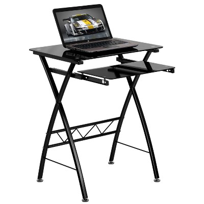 Black Tempered Glass Computer Desk with Pull - Out Keyboard Tray - Black Glass Top/Black Frame - Riverstone Furniture Collection