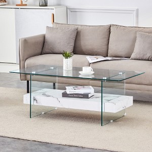 43.3" MDF Two-Tier Floating Coffee Table with Tempered Glass Legs and Spacious Storage - 1 of 4