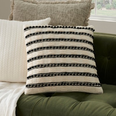 Handcrafted Black and Ivory Cotton Polyester Square Throw Pillow