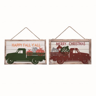 Transpac Metal Multicolor Christmas Changing Seasons Reversible Truck Wall Accent