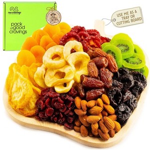 Nut Cravings Dried Fruit & Nuts Gift Basket in Reusable Wooden Apple Tray + Green Ribbon (9 Assortments) - 1 of 4