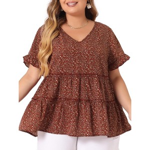 Agnes Orinda Women's Plus Size Boho Ditsy Floral V Neck Ruffle Tiered Pleated Babydoll Blouses - 1 of 4