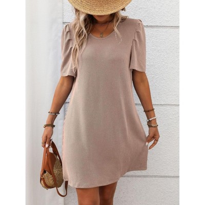 Coolmee Women Casual Contrast Color V Neck Smocked Puff Short Sleeve Twist Mini Dress