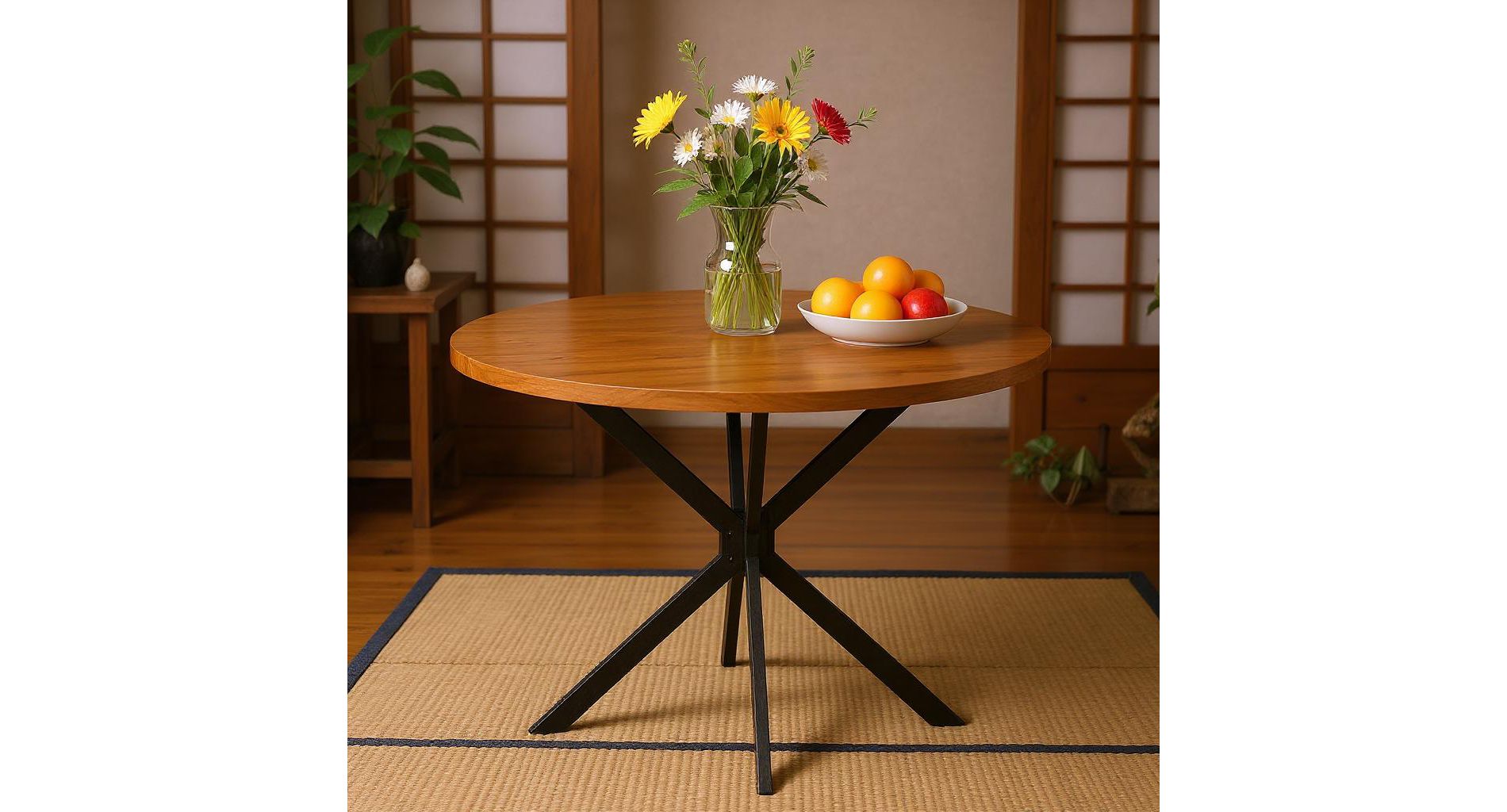 Hooseng Round Dining Table for 4, Farmhouse Style Kitchen Table Small Dinner Table with MDF Top and Metal Legs, Space Saving Dining Room Furniture