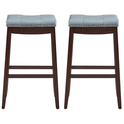 Tangkula Set of 4 Saddle Bar Stools Backless Nailhead Counter Stool with Grey Cushions Coffee/White